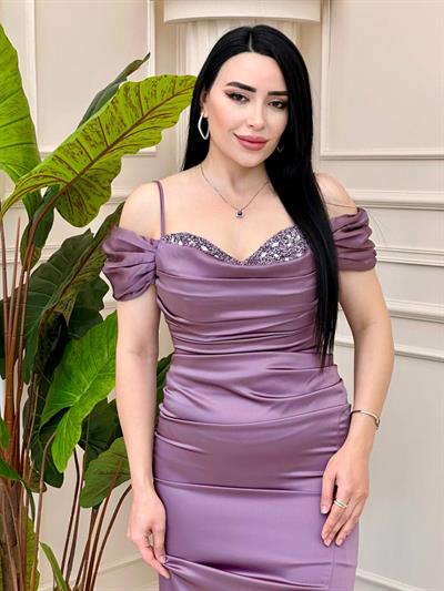 Göğüs İşleme Omuz Bant Saten Abiye 2354 T-24 Leylak
