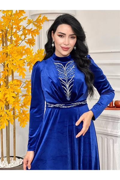 Gögüs Kemer İşleme Kadife Elbise 4284 Saks