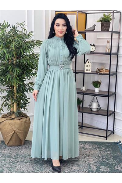 Göğüs Kol İnci Şerit Elbise 3328 Mint yeşili