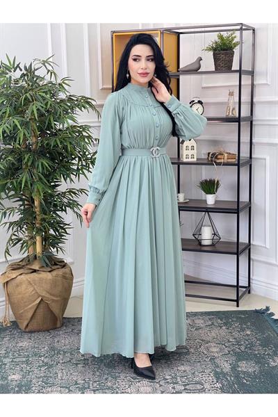 Göğüs Kol İnci Şerit Elbise 3328 Mint yeşili