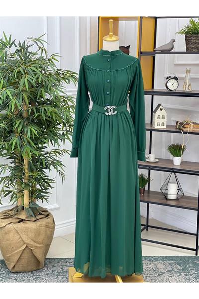 Göğüs Kol İnci Şerit Elbise 3328 Yeşil
