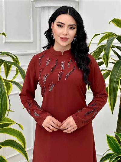 Gögüs Kol İşleme Krep Elbise 875 T-24 Kiremit