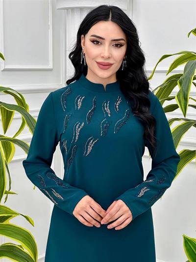 Gögüs Kol İşleme Krep Elbise 875 T-24 Zümrüt Yeşil