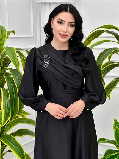 Göğüs Pile Detay Saten Elbise 1523 T-24 Siyah