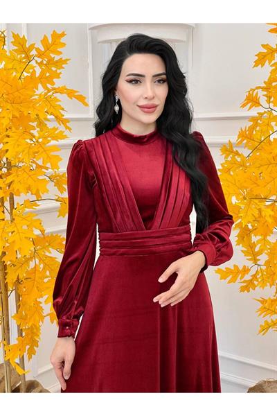 Gögüs Pile Kadife Elbise 4239 Bordo