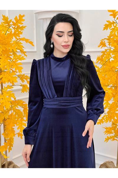 Gögüs Pile Kadife Elbise 4239 Lacivert