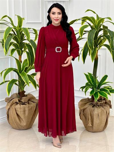 Göğüs Pile Kemerli Elbise 3479 T-24 Bordo