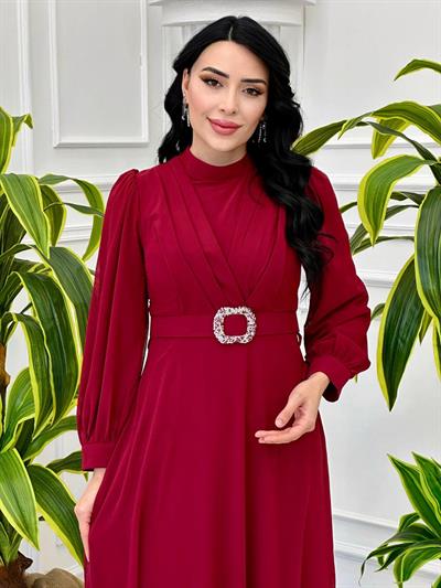 Göğüs Pile Kemerli Elbise 3479 T-24 Bordo