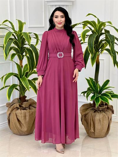 Göğüs Pile Kemerli Elbise 3479 T-24 Rose