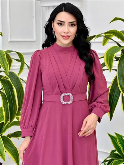 Göğüs Pile Kemerli Elbise 3479 T-24 Rose