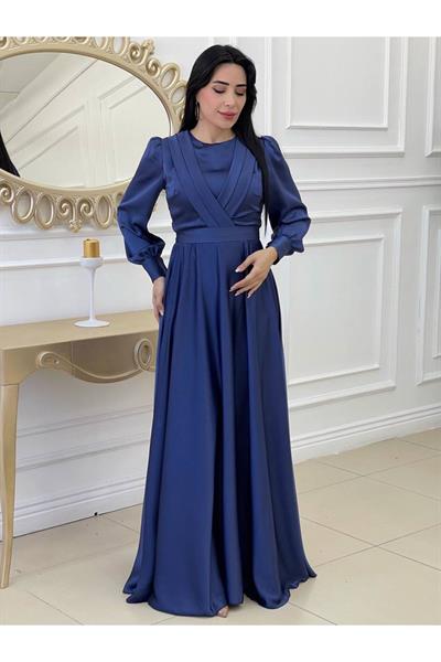 Göğüs Pile Saten Elbise 3367 Lacivert