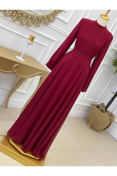 Gögüs Pile Şifon Elbise 3371 Bordo