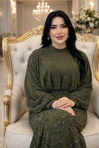 Gömlek Görünümlü Şifon İşlemeli Abiye 5367 T-26 Haki