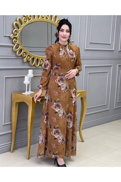 Gül Baskılı Şifon Elbise 003 Hardal