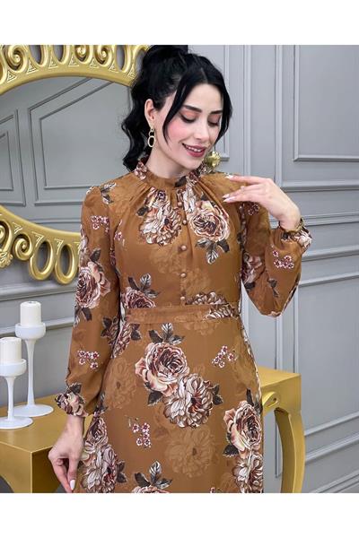 Gül Baskılı Şifon Elbise 003 Hardal