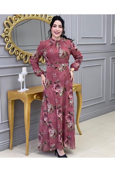 Gül Baskılı Şifon Elbise 003 Purdra