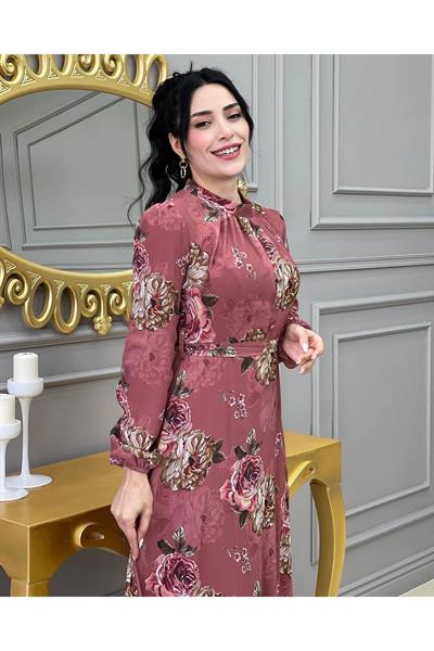 Gül Baskılı Şifon Elbise 003 Purdra