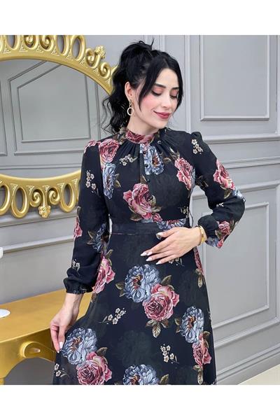 Gül Baskılı Şifon Elbise 003 Siyah