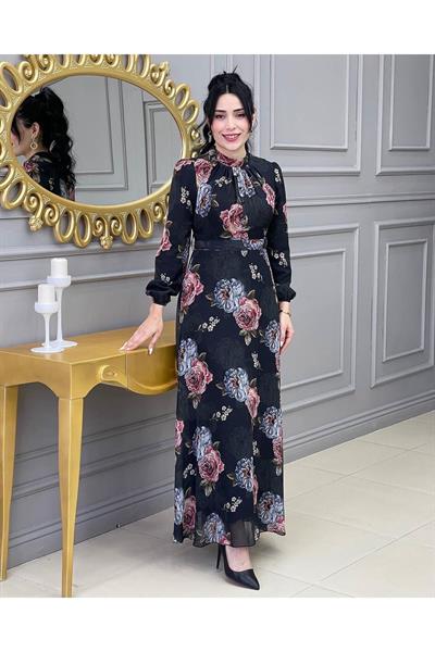Gül Baskılı Şifon Elbise 003 Siyah