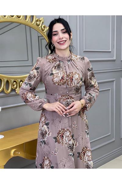 Gül Baskılı Şifon Elbise 003 Vizon