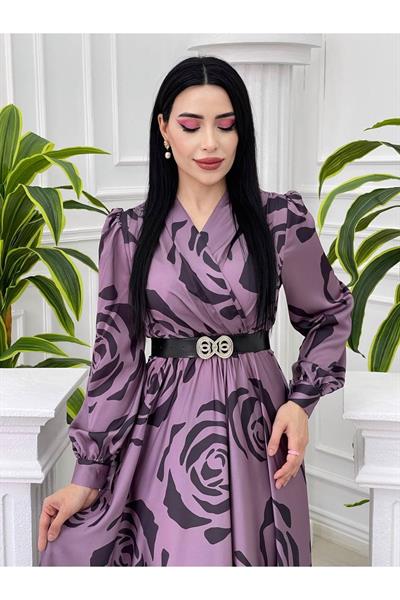 Gül Desen Saten Elbise 4016 Leylak