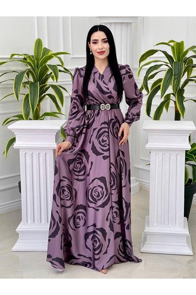 Gül Desen Saten Elbise 4016 Leylak