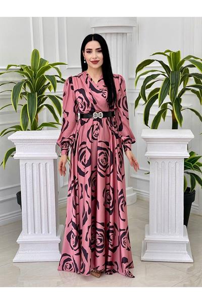 Gül Desen Saten Elbise 4016 pembe