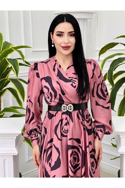 Gül Desen Saten Elbise 4016 pembe