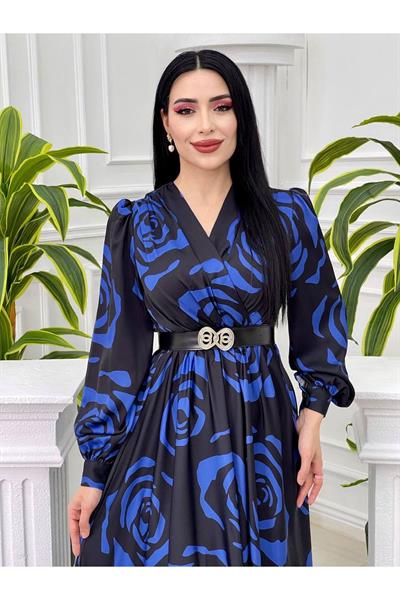 Gül Desen Saten Elbise 4016 Saks