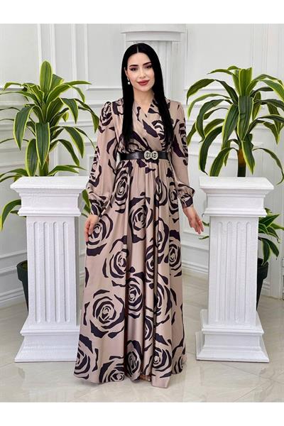 Gül Desen Saten Elbise 4016 Vizon