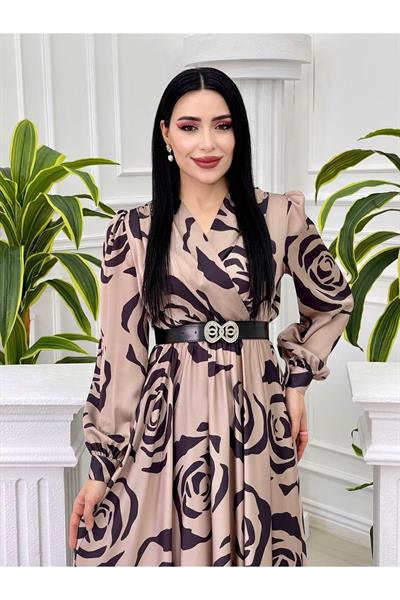 Gül Desen Saten Elbise 4016 Vizon