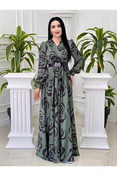 Gül Desen Saten Elbise 4016 Yeşil