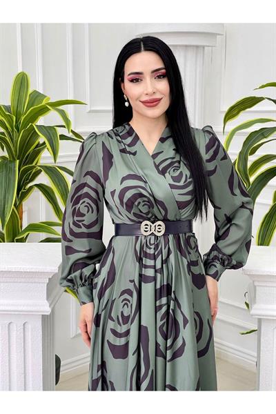 Gül Desen Saten Elbise 4016 Yeşil