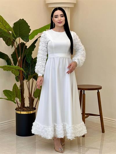 Gül Detay Saten Elbise 4661 T-25 Beyaz