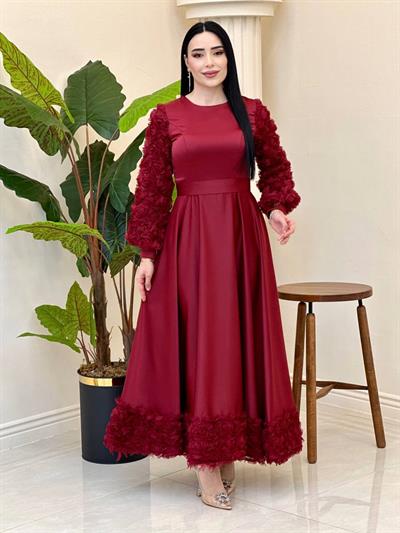 Gül Detay Saten Elbise 4661 T-25 Bordo