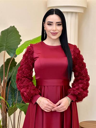 Gül Detay Saten Elbise 4661 T-25 Bordo
