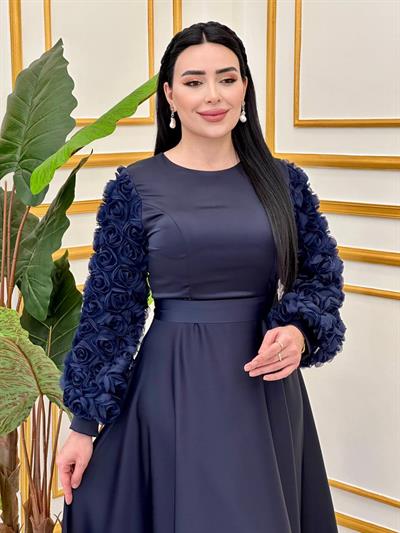Gül Detay Saten Elbise 4661 T-25 Lacivert