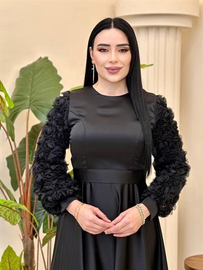 Gül Detay Saten Elbise 4661 T-25 Siyah