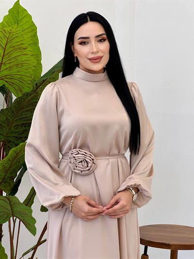 Gül Kemer Saten Elbise 4658 Bej