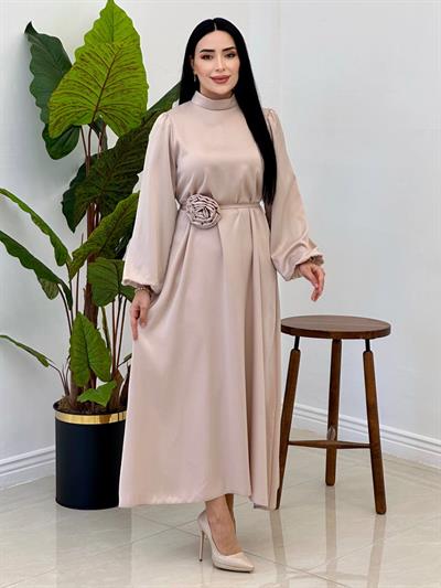 Gül Kemer Saten Elbise 4658 Bej