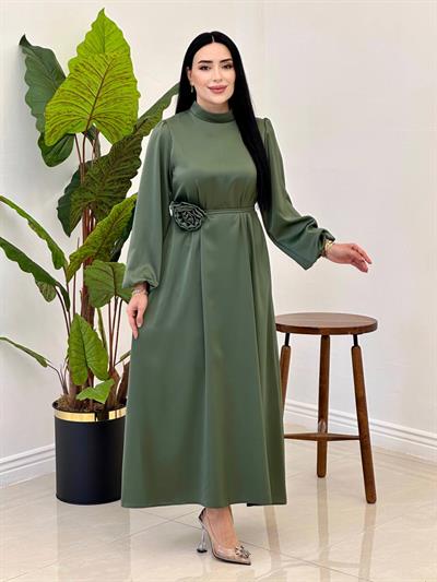 Gül Kemer Saten Elbise 4658 Haki