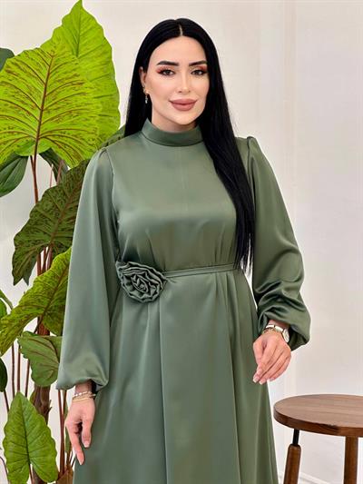 Gül Kemer Saten Elbise 4658 Haki