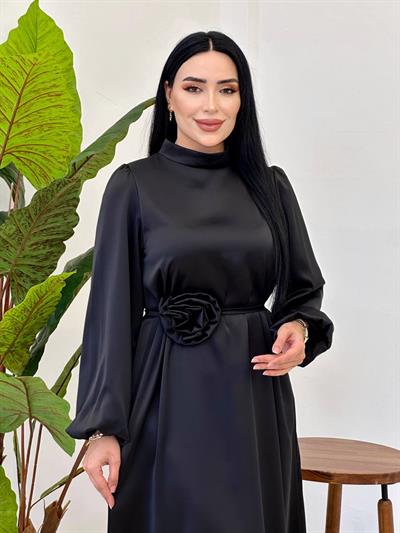 Gül Kemer Saten Elbise 4658 Siyah