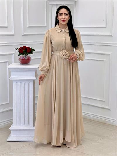 Gül Kemerli Şifon Elbise 1535 t-24 Bej