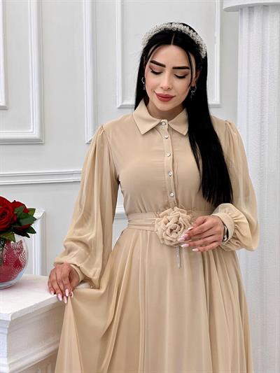 Gül Kemerli Şifon Elbise 1535 t-24 Bej