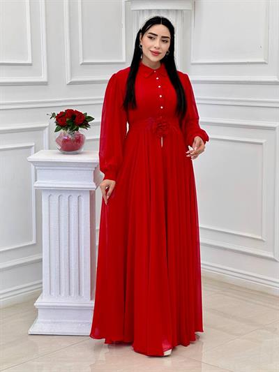 Gül Kemerli Şifon Elbise 1535 t-24 Kırmızı