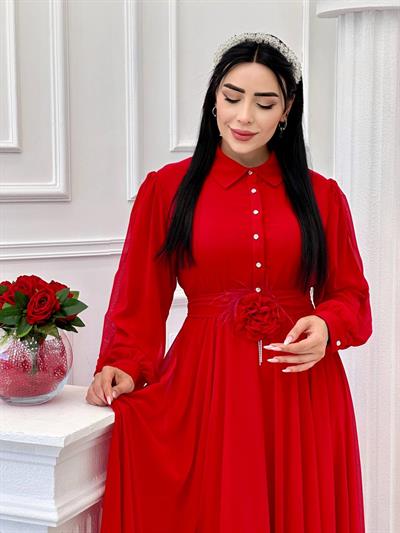 Gül Kemerli Şifon Elbise 1535 t-24 Kırmızı