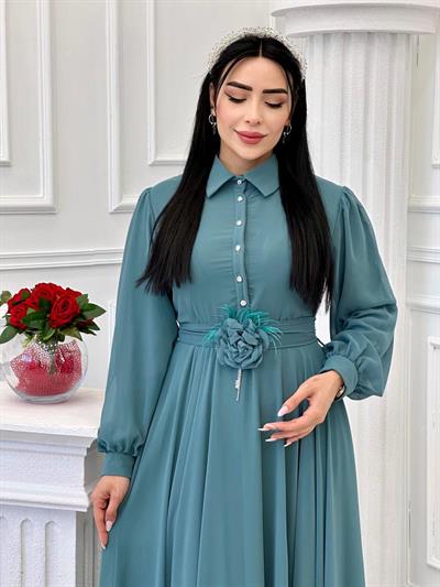 Gül Kemerli Şifon Elbise 1535 t-24 Mint yeşili