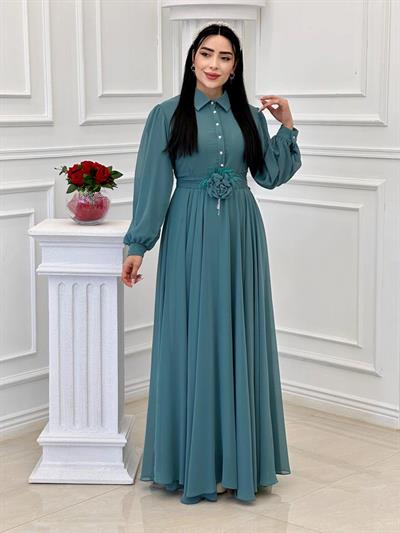 Gül Kemerli Şifon Elbise 1535 t-24 Mint yeşili