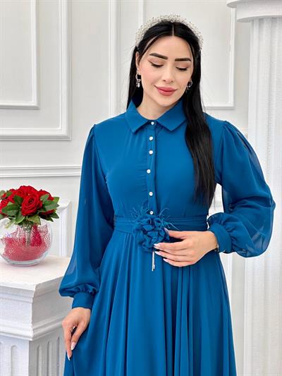 Gül Kemerli Şifon Elbise 1535 t-24 Saks
